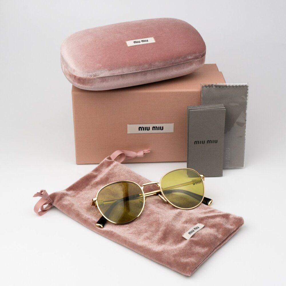NEW Miu Miu MU55ZS 5AK07O Gold Olive Green Round Unisex Sunglasses 0MU 55ZS
